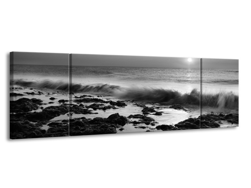 Canvas Schilderij Zee, Strand | Zwart, Grijs | 170x50cm 3Luik