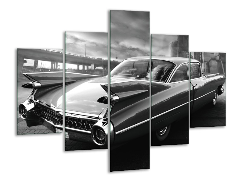 Glasschilderij Auto, Oldtimer | Zwart, Grijs | 100x70cm 5Luik