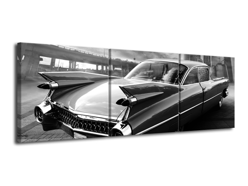 Canvas Schilderij Auto, Oldtimer | Zwart, Grijs | 120x40cm 3Luik