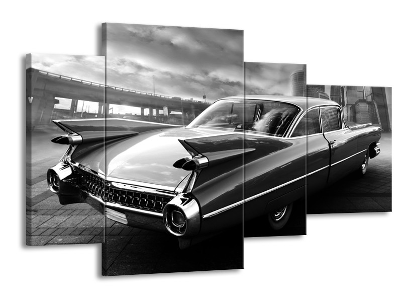 Glasschilderij Auto, Oldtimer | Zwart, Grijs | 120x75cm 4Luik