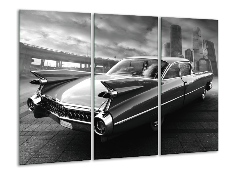 Glasschilderij Auto, Oldtimer | Zwart, Grijs | 120x80cm 3Luik