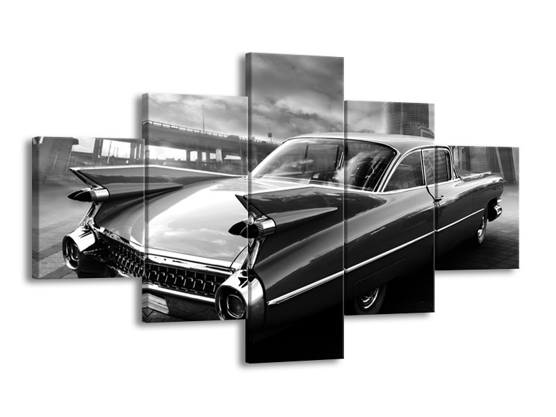 Glasschilderij Auto, Oldtimer | Zwart, Grijs | 125x70cm 5Luik