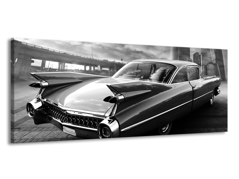 Glasschilderij Auto, Oldtimer | Zwart, Grijs | 145x58cm 1Luik