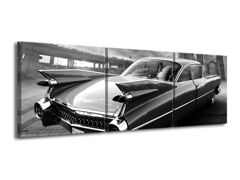 Canvas Schilderij Auto, Oldtimer | Zwart, Grijs | 150x50cm 3Luik