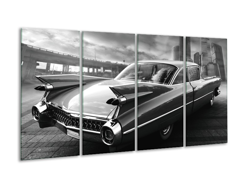 Canvas Schilderij Auto, Oldtimer | Zwart, Grijs | 160x80cm 4Luik