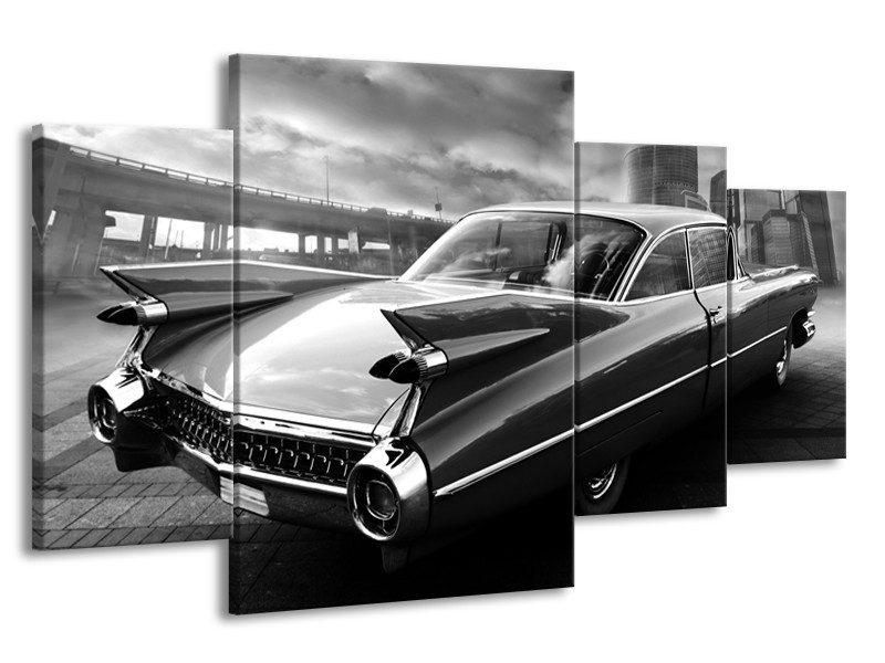 Canvas Schilderij Auto, Oldtimer | Zwart, Grijs | 160x90cm 4Luik