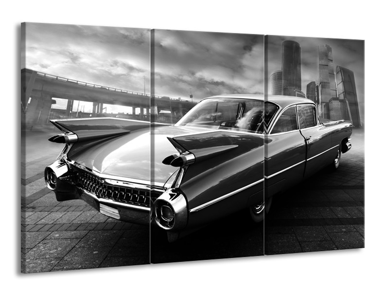 Canvas Schilderij Auto, Oldtimer | Zwart, Grijs | 165x100cm 3Luik