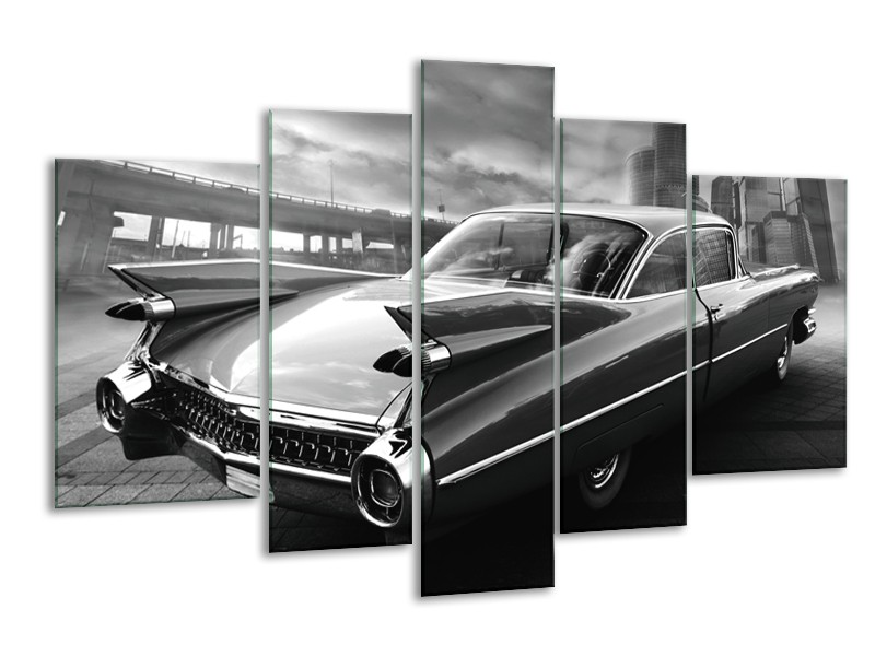 Canvas Schilderij Auto, Oldtimer | Zwart, Grijs | 170x100cm 5Luik