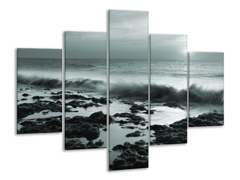 Canvas Schilderij Zee, Strand | Grijs, Groen | 100x70cm 5Luik