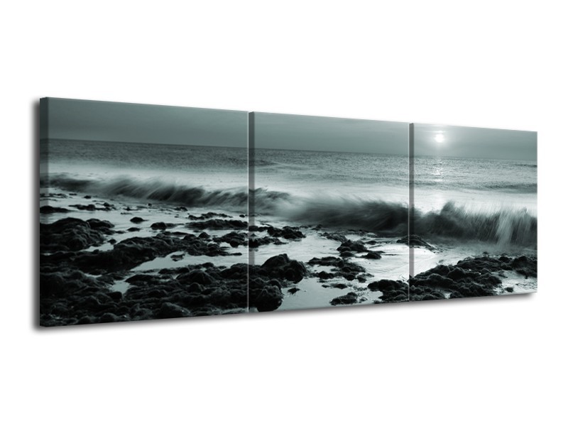 Canvas Schilderij Zee, Strand | Grijs, Groen | 120x40cm 3Luik