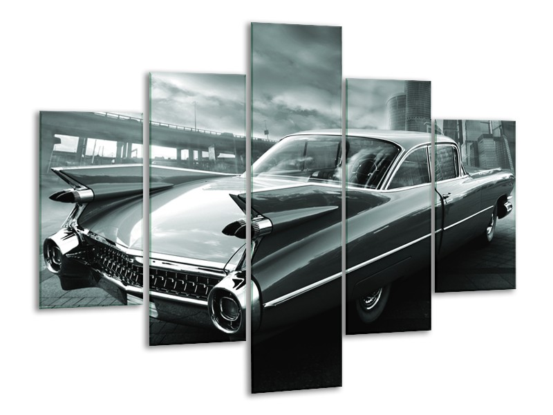 Glasschilderij Auto, Oldtimer | Zwart, Grijs, Groen | 100x70cm 5Luik