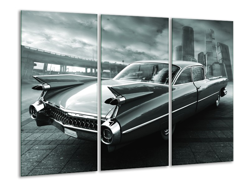 Glasschilderij Auto, Oldtimer | Zwart, Grijs, Groen | 120x80cm 3Luik