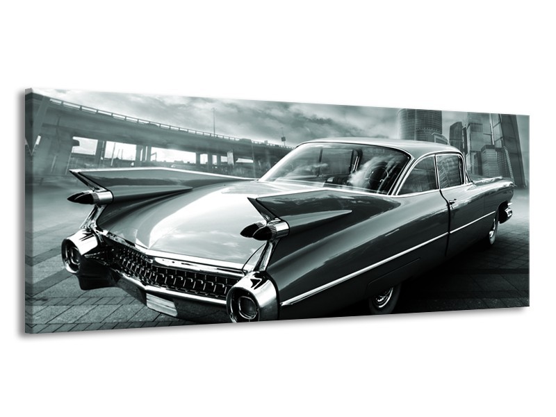 Glasschilderij Auto, Oldtimer | Zwart, Grijs, Groen | 145x58cm 1Luik