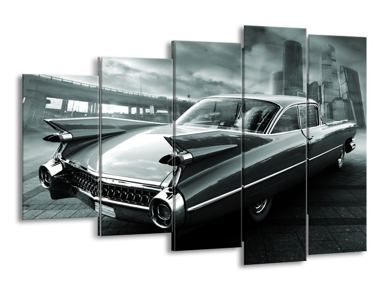 Canvas Schilderij Auto, Oldtimer | Zwart, Grijs, Groen | 150x100cm 5Luik