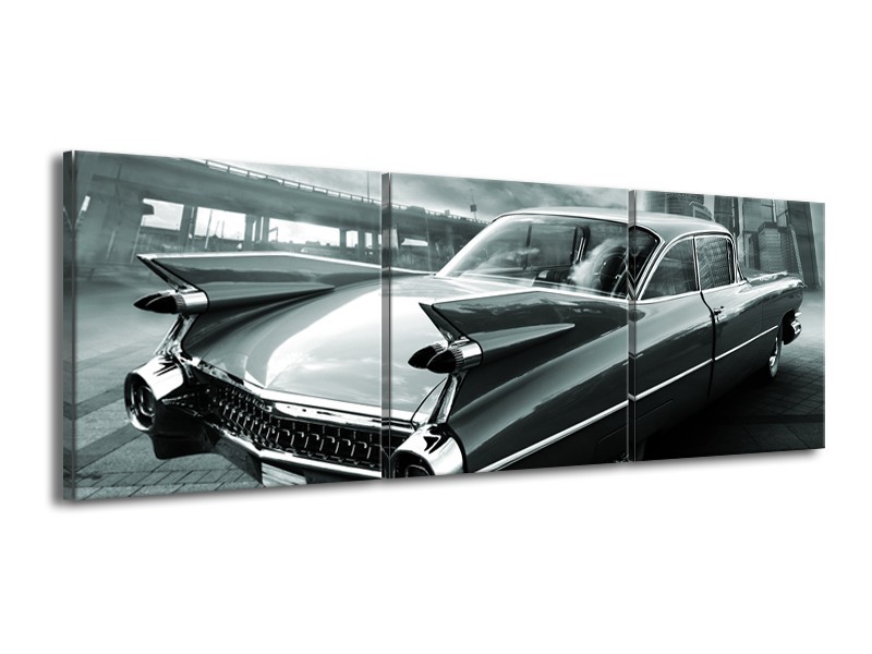 Glasschilderij Auto, Oldtimer | Zwart, Grijs, Groen | 150x50cm 3Luik