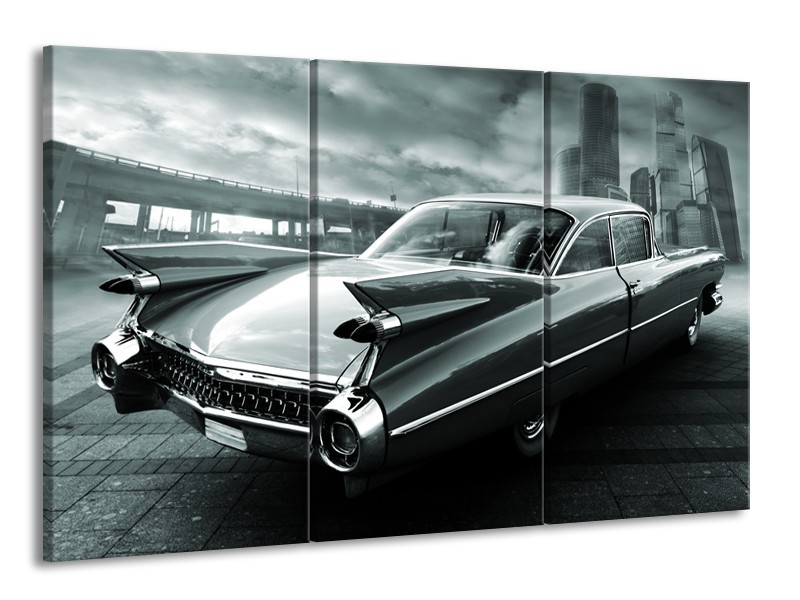 Canvas Schilderij Auto, Oldtimer | Zwart, Grijs, Groen | 165x100cm 3Luik