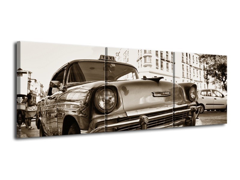 Canvas Schilderij Auto, Oldtimer | Sepia | 120x40cm 3Luik