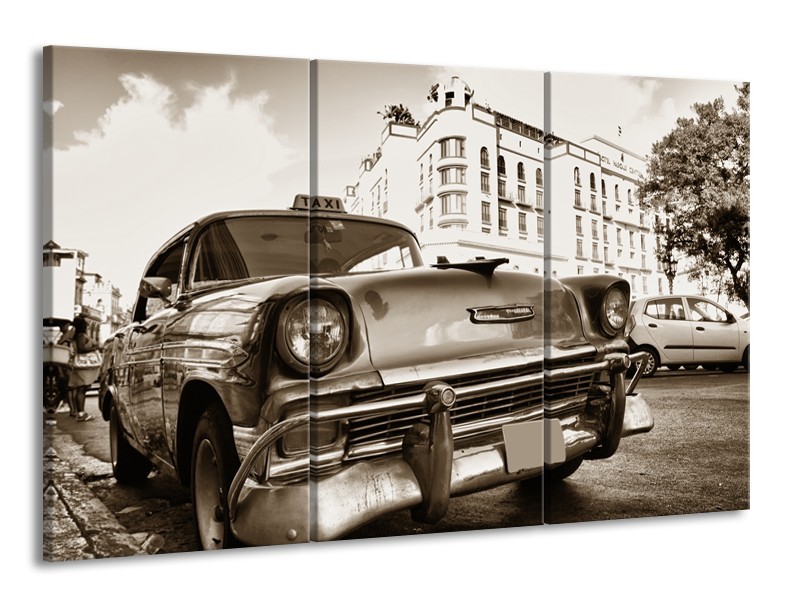 Canvas Schilderij Auto, Oldtimer | Sepia | 165x100cm 3Luik