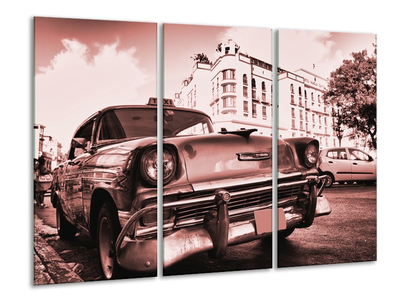 Glasschilderij Auto, Oldtimer | Bruin, Rood | 120x80cm 3Luik