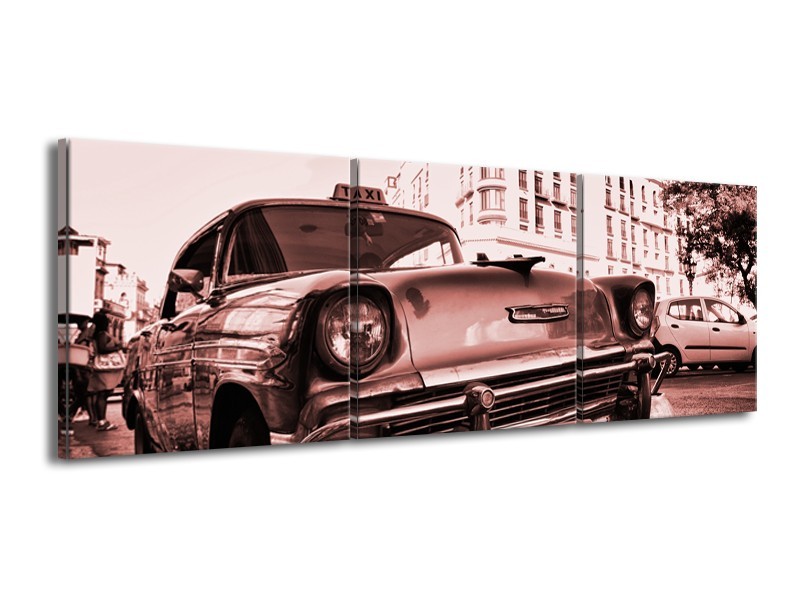 Canvas Schilderij Auto, Oldtimer | Bruin, Rood | 150x50cm 3Luik