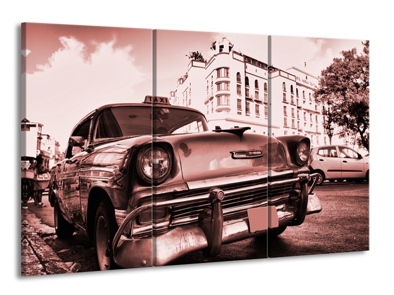 Glasschilderij Auto, Oldtimer | Bruin, Rood | 165x100cm 3Luik