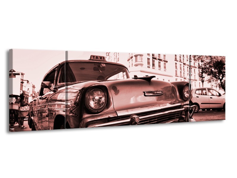 Glasschilderij Auto, Oldtimer | Bruin, Rood | 170x50cm 3Luik