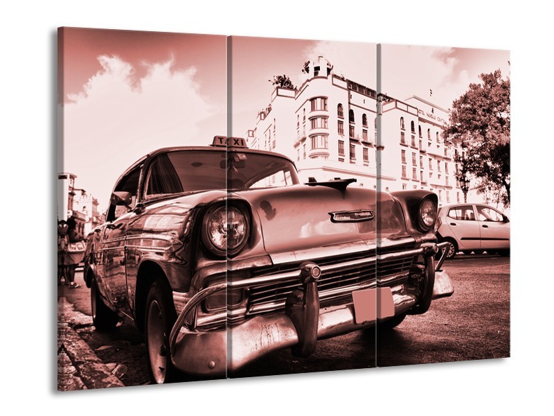 Glasschilderij Auto, Oldtimer | Bruin, Rood | 60x90cm 3Luik