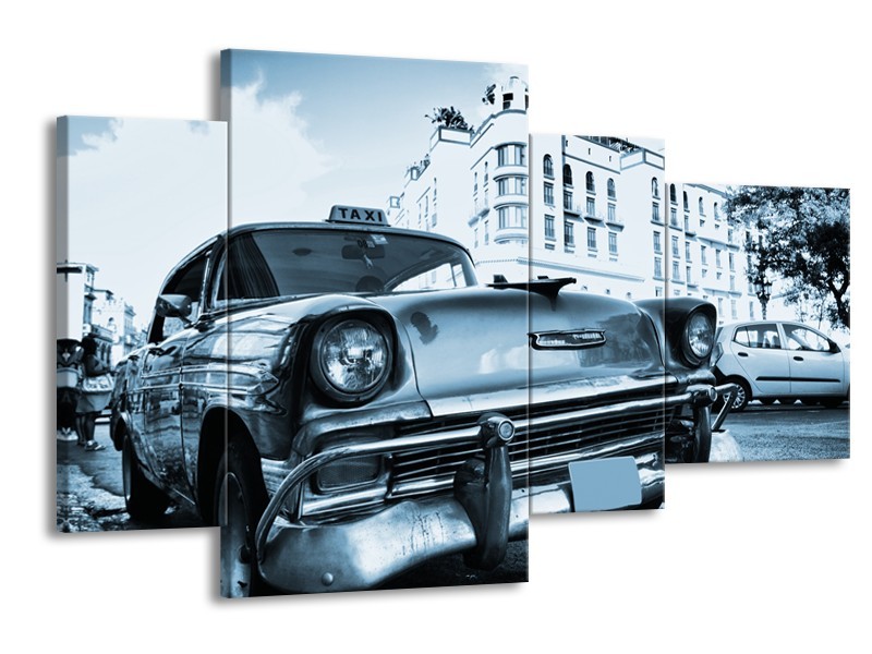 Canvas Schilderij Auto, Oldtimer | Blauw | 120x75cm 4Luik