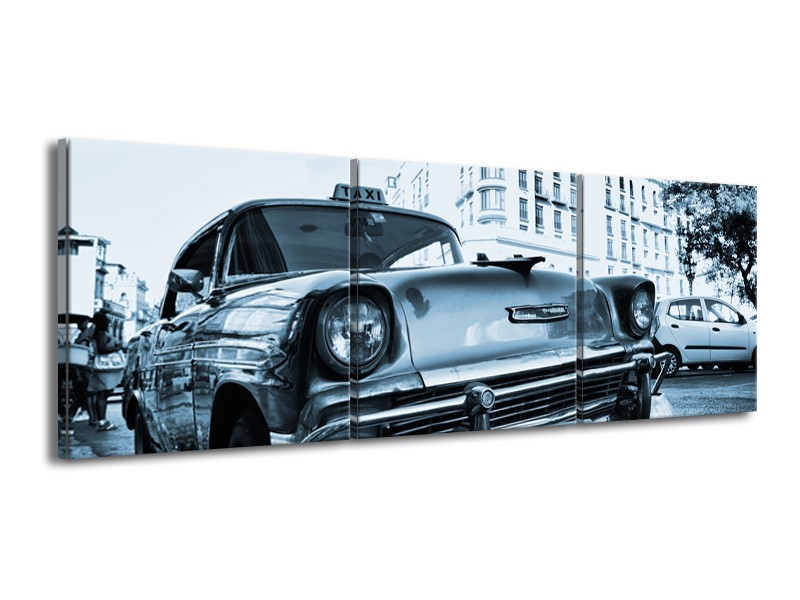 Canvas Schilderij Auto, Oldtimer | Blauw | 150x50cm 3Luik