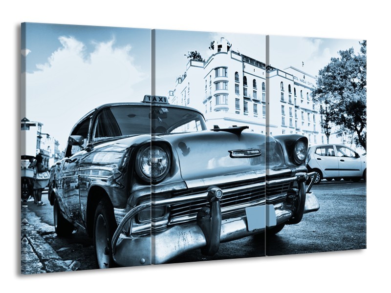 Canvas Schilderij Auto, Oldtimer | Blauw | 165x100cm 3Luik