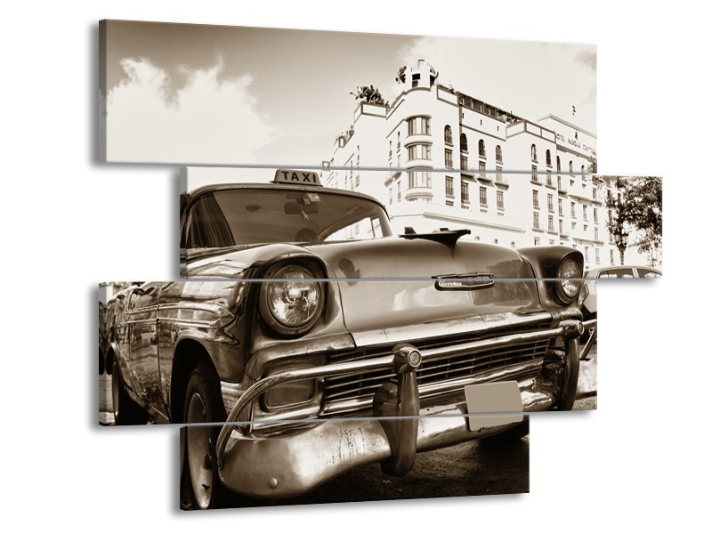 Canvas Schilderij Auto, Oldtimer | Sepia | 115x85cm 4Luik