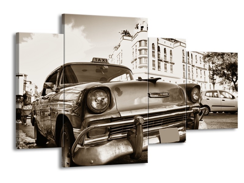 Canvas Schilderij Auto, Oldtimer | Sepia | 120x75cm 4Luik