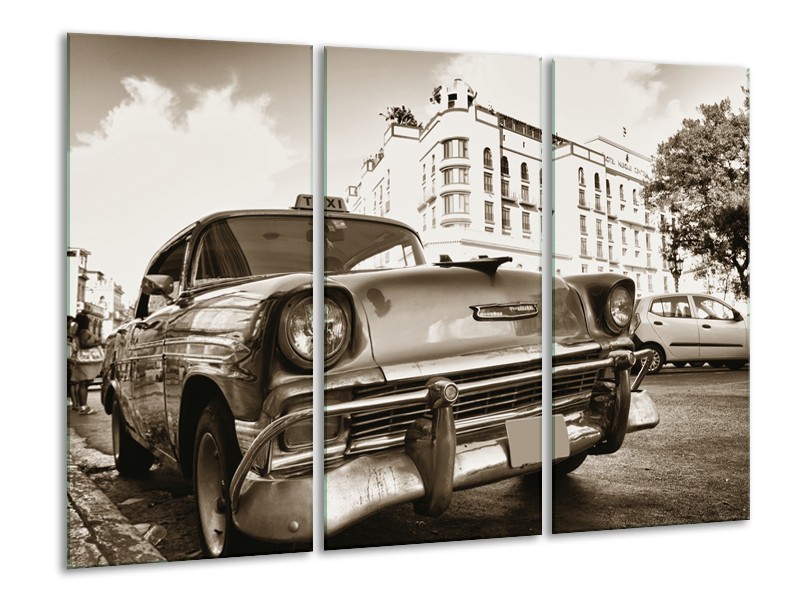 Canvas Schilderij Auto, Oldtimer | Sepia | 120x80cm 3Luik