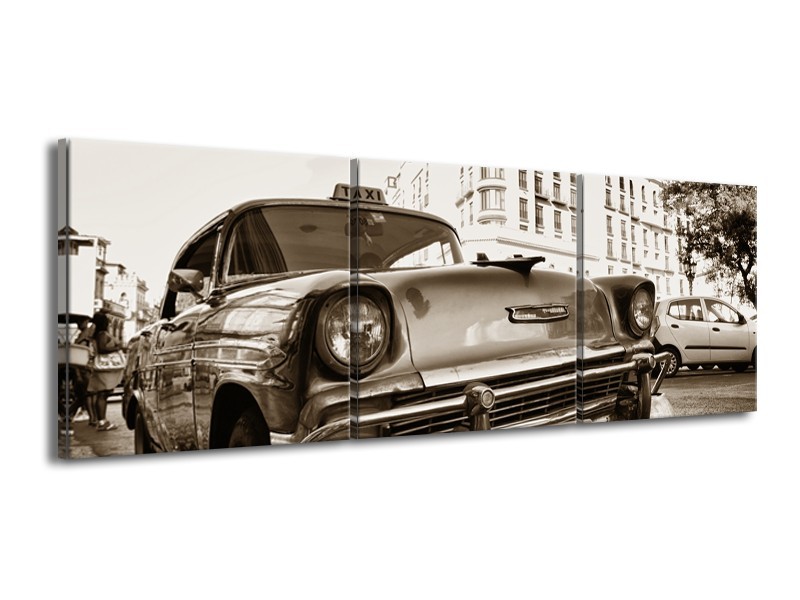 Canvas Schilderij Auto, Oldtimer | Sepia | 150x50cm 3Luik