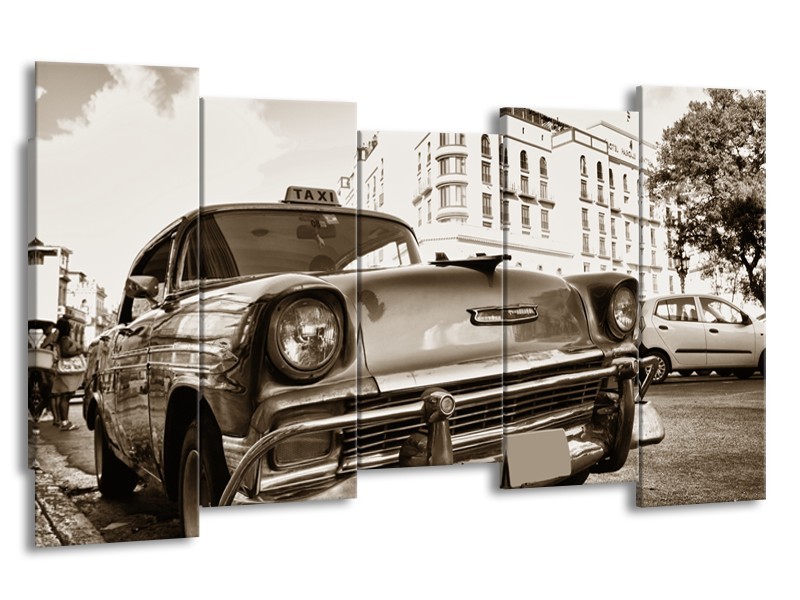 Canvas Schilderij Auto, Oldtimer | Sepia | 150x80cm 5Luik