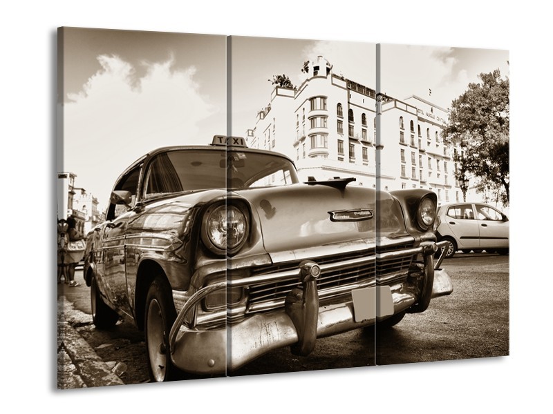 Glasschilderij Auto, Oldtimer | Sepia | 60x90cm 3Luik