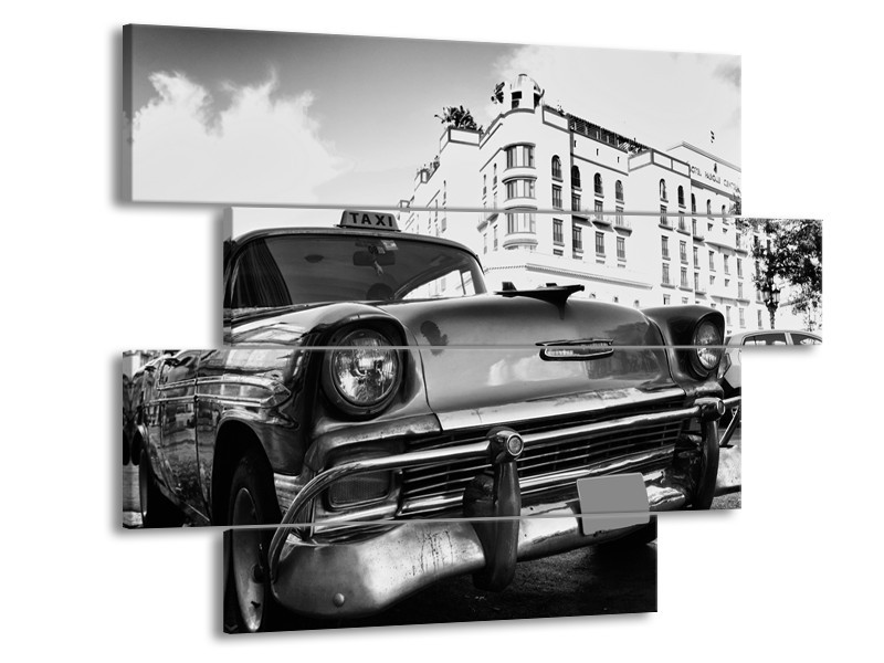 Canvas Schilderij Auto, Oldtimer | Zwart, Grijs, Wit | 115x85cm 4Luik