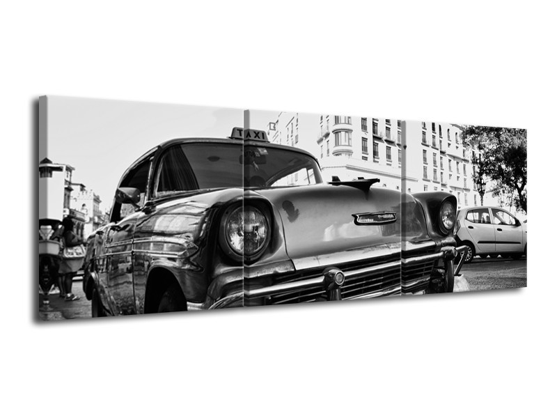 Glasschilderij Auto, Oldtimer | Zwart, Grijs, Wit | 120x40cm 3Luik