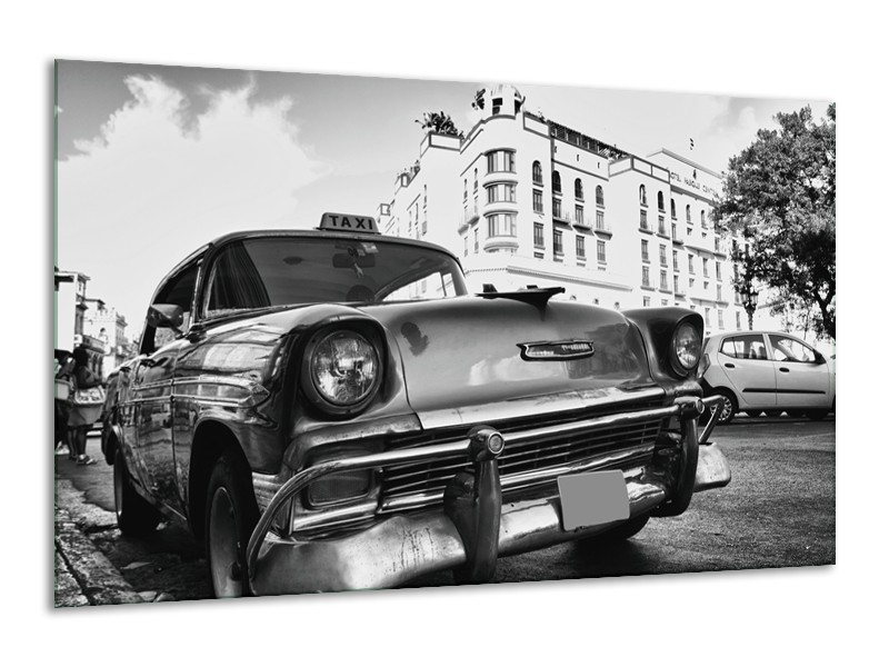 Glasschilderij Auto, Oldtimer | Zwart, Grijs, Wit | 120x70cm 1Luik