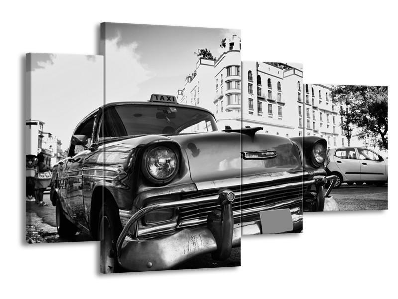 Canvas Schilderij Auto, Oldtimer | Zwart, Grijs, Wit | 120x75cm 4Luik