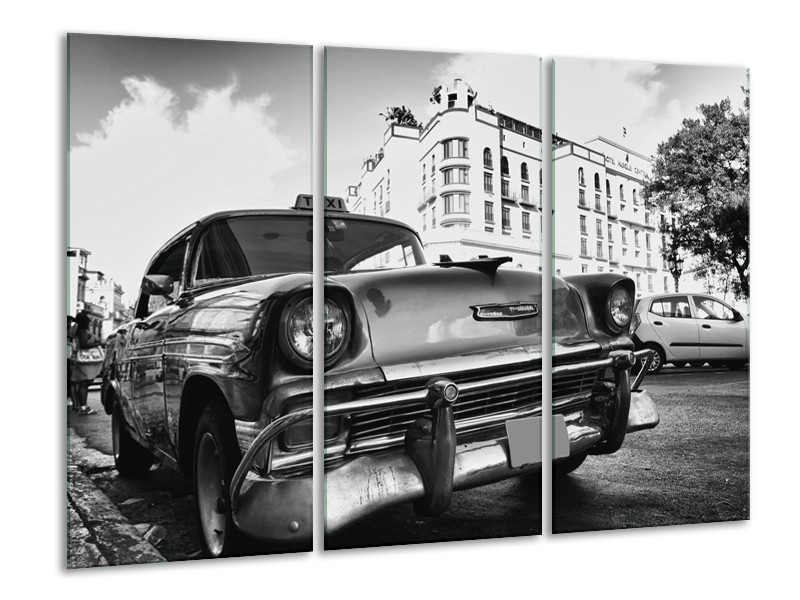 Glasschilderij Auto, Oldtimer | Zwart, Grijs, Wit | 120x80cm 3Luik