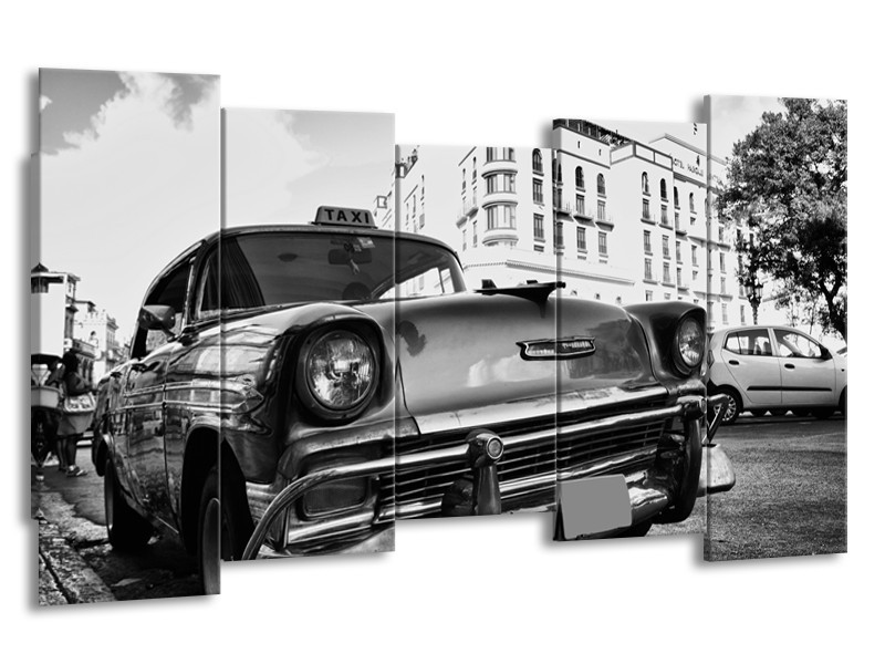 Canvas Schilderij Auto, Oldtimer | Zwart, Grijs, Wit | 150x80cm 5Luik