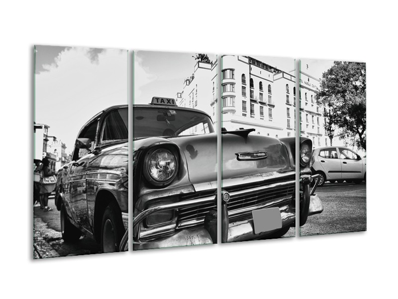 Canvas Schilderij Auto, Oldtimer | Zwart, Grijs, Wit | 160x80cm 4Luik