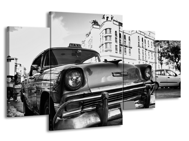 Canvas Schilderij Auto, Oldtimer | Zwart, Grijs, Wit | 160x90cm 4Luik