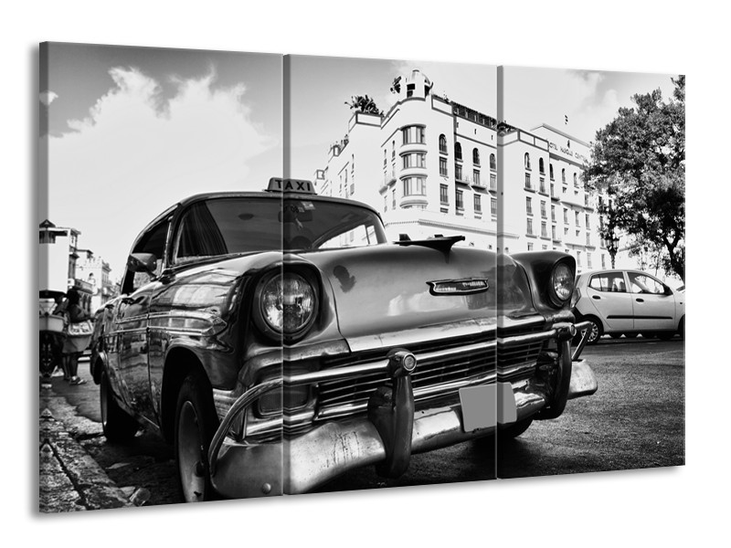 Glasschilderij Auto, Oldtimer | Zwart, Grijs, Wit | 165x100cm 3Luik