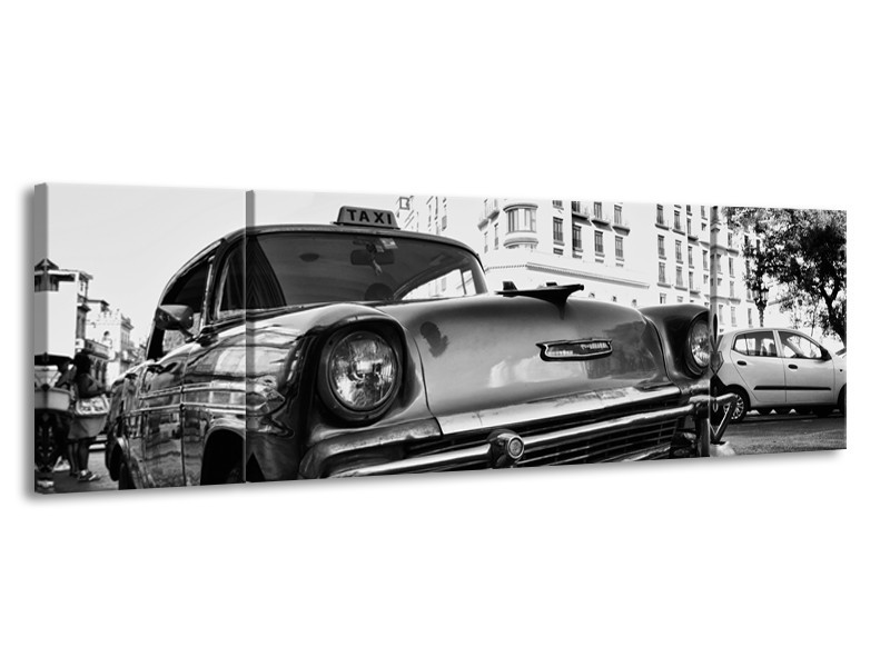 Glasschilderij Auto, Oldtimer | Zwart, Grijs, Wit | 170x50cm 3Luik