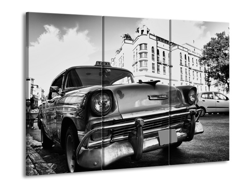 Glasschilderij Auto, Oldtimer | Zwart, Grijs, Wit | 60x90cm 3Luik