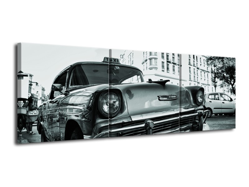 Glasschilderij Auto, Oldtimer | Grijs, Groen, Wit | 120x40cm 3Luik