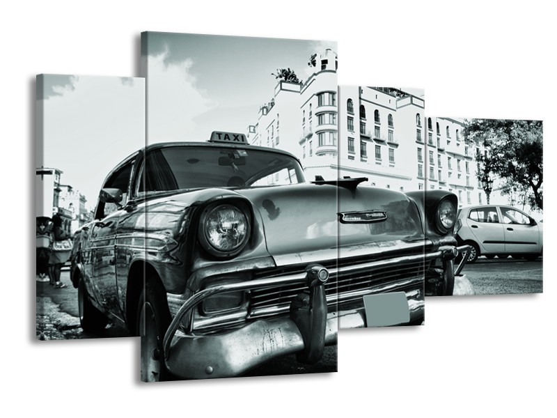 Canvas Schilderij Auto, Oldtimer | Grijs, Groen, Wit | 120x75cm 4Luik