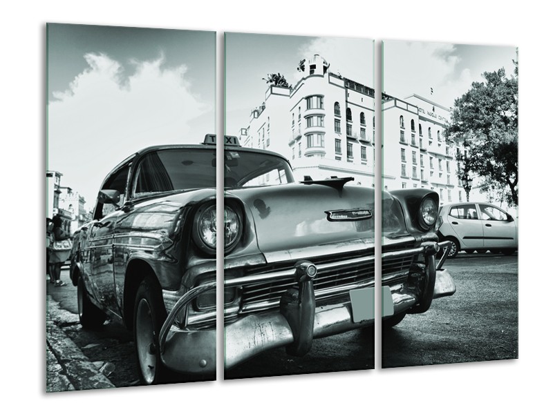 Glasschilderij Auto, Oldtimer | Grijs, Groen, Wit | 120x80cm 3Luik